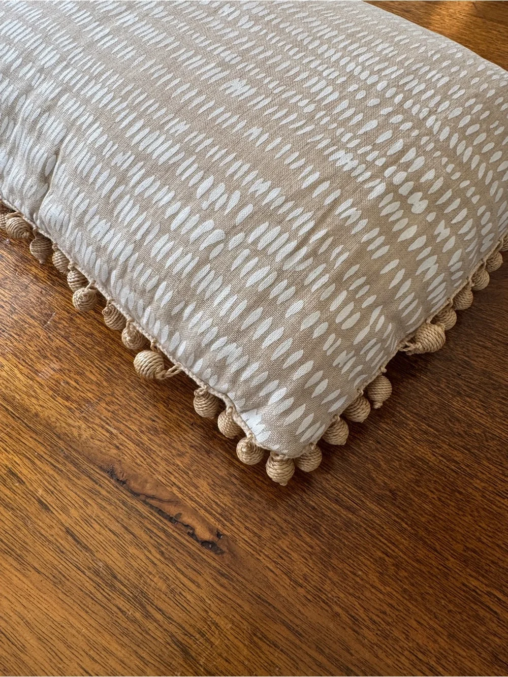 Custom Rebecca Atwood Lumbar Pillow with Jute Pom Pom Trim - 12x18